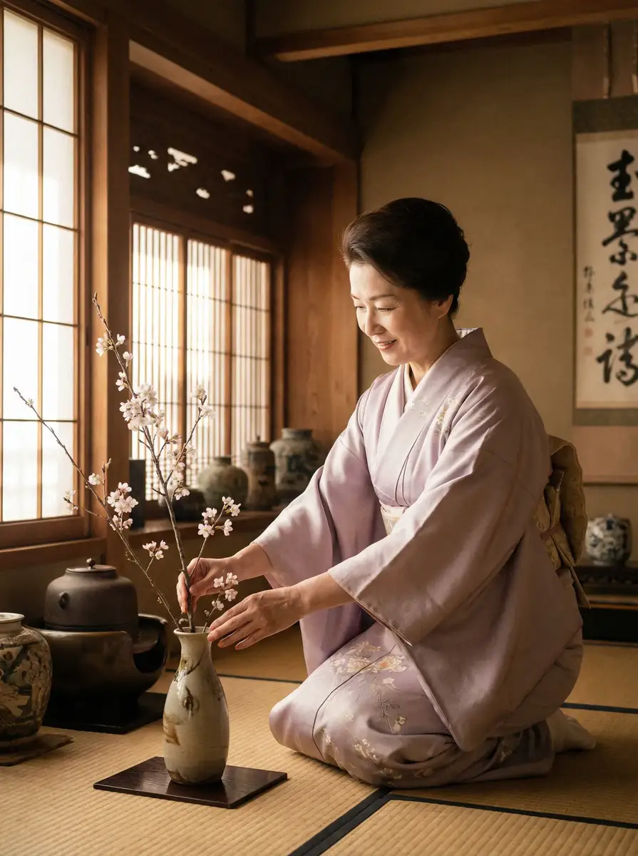 一位优雅的 91免费 在和室中插花