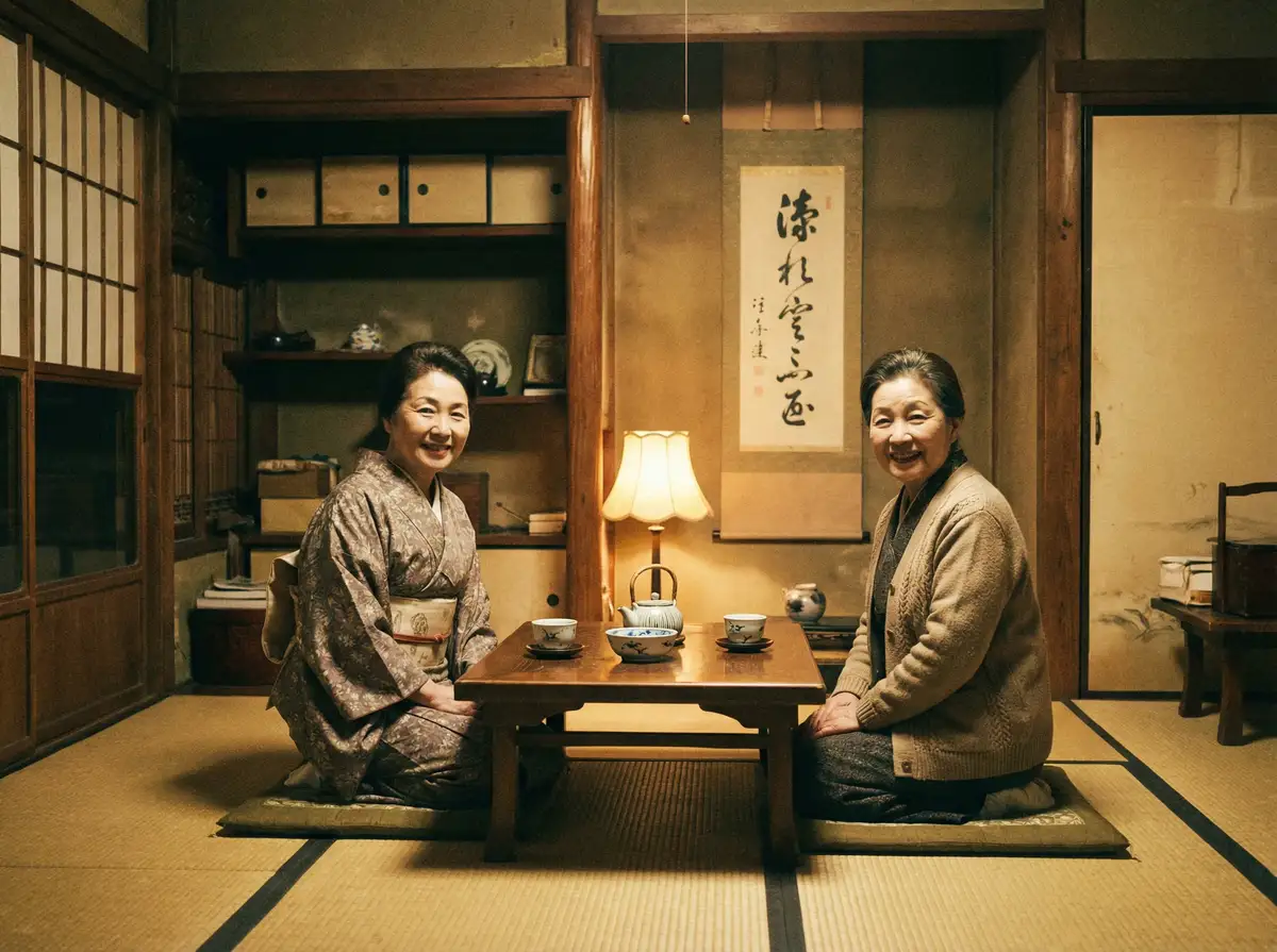 两位优雅的 91免费 在日式茶室中品茶交谈